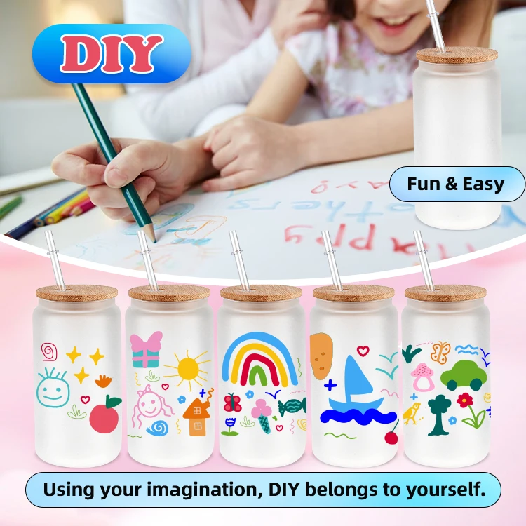 AilinGalaxy wholesale drinking glass tumbler 16oz jars with lid frosted print sublimation can shaped tumbler cups beer