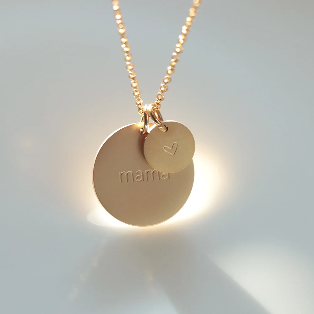 mama jewelry custom stainless steel matte finish 18K gold plated disc charm coin necklace mama necklace