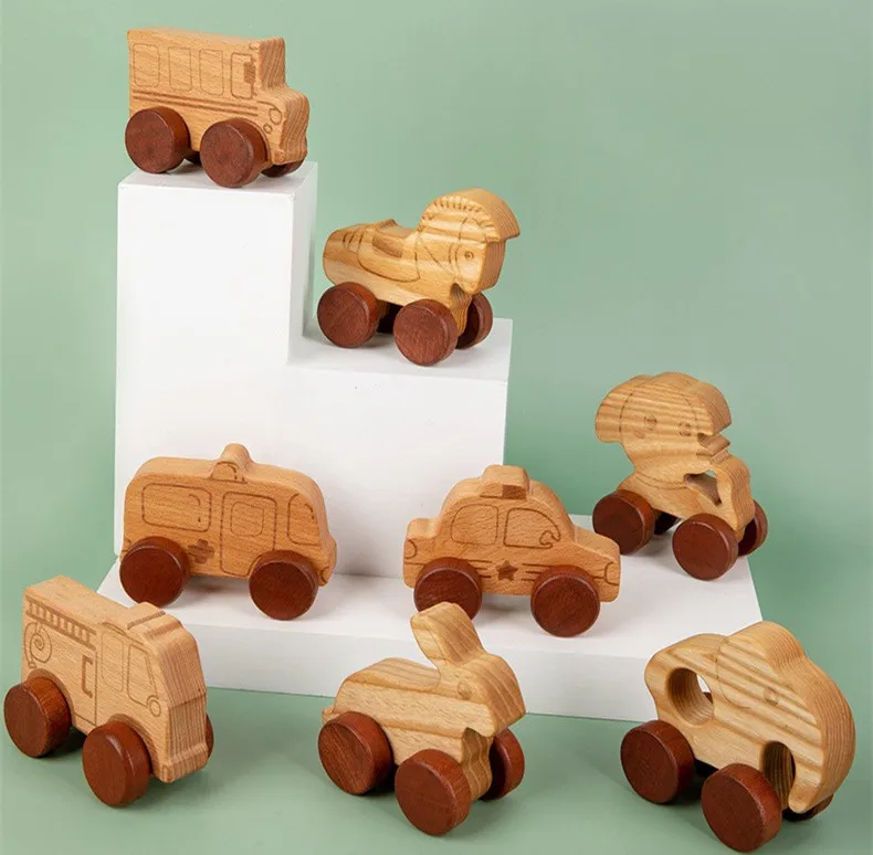 Custom logo acceptable original color animal shapes kids pull back wooden toy car