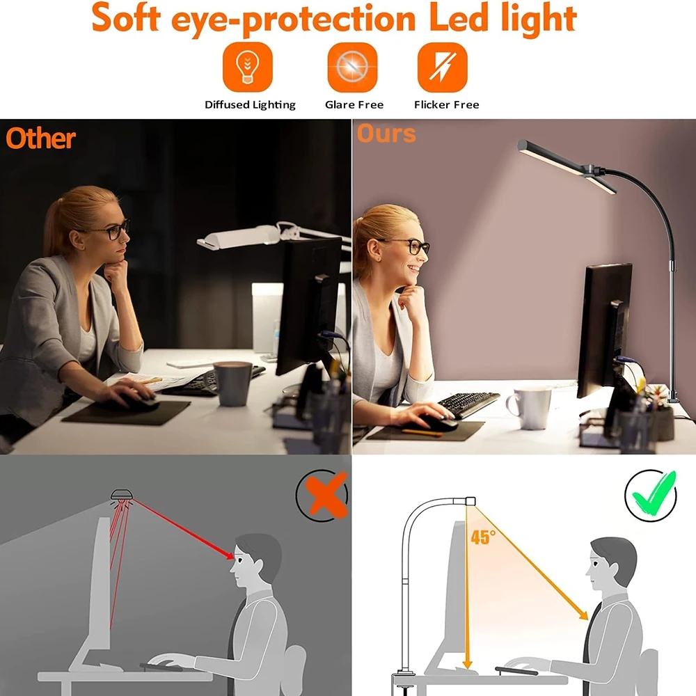 24W Flexible Gooseneck Study LED Table Light Computer Monitor LED Desk Lamp for Office Home