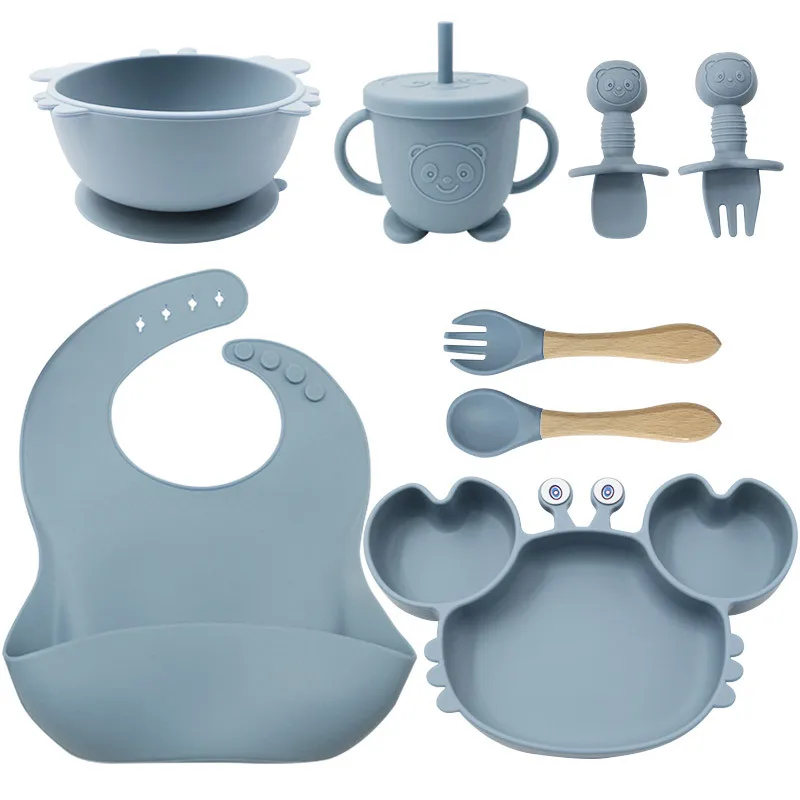 RTS Crab Shape Silicone Baby Feeding Set Plate Infant Bebe Divided Plato BPA Free Microwave Dishwasher Safe Bib Kit