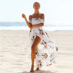 Boho style long dress women Off shoulder beach summer dresses Floral print Vintage chiffon white maxi dress vestidos de festa