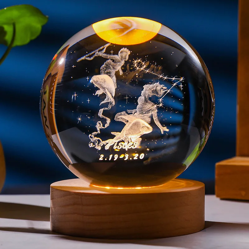 12 constellations 12 zodiac signs 60/80mm Glass Solar System Planet Sphere 3D Laser Engraved Galaxy Crystal Ball Wood LED Light