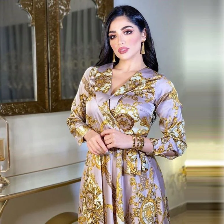 kc Middle East Abaya Women Muslim Dress Elegant Floral Printing Evening Dresses Long Sleeves Maxi Dress Ladies Abaya Dubai