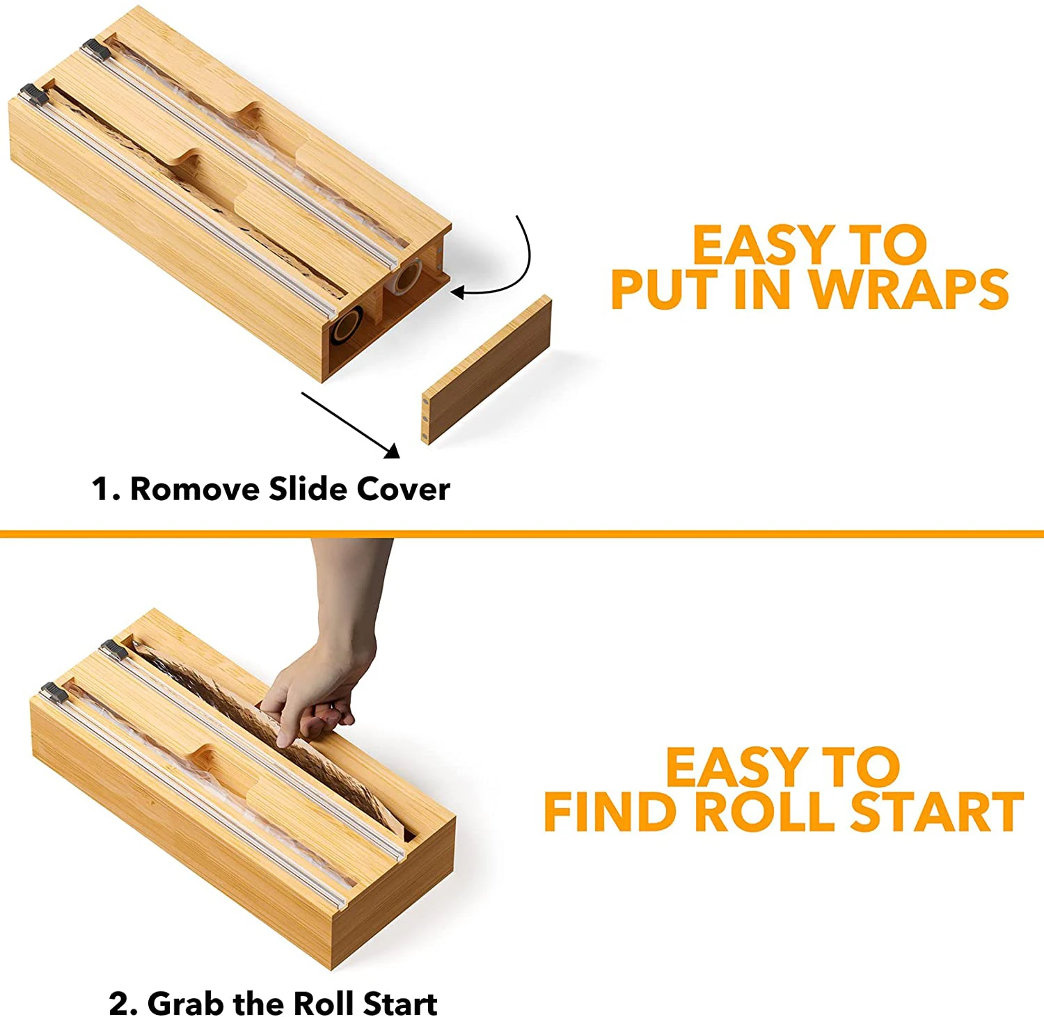 Bamboo Wood Foil Cling Food Shrink Plastic Wrap Dispenser with Slide Cutter