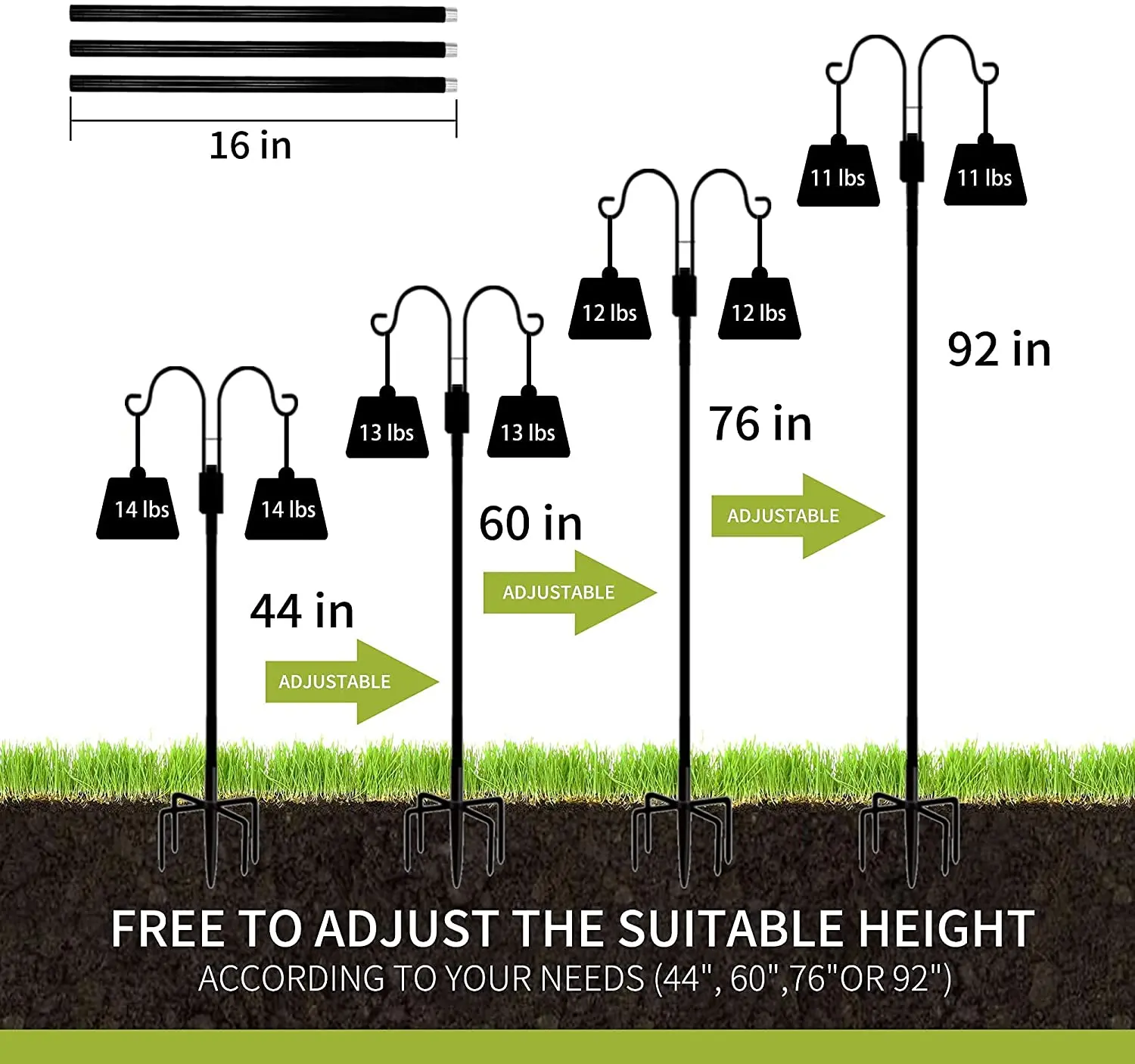 92 Inch Heavy Duty Double Sided Shepherds Hooks for Outdoor Garden Pole for Hanging Bird Feeder Plant Baskets with 5 Base Prongs