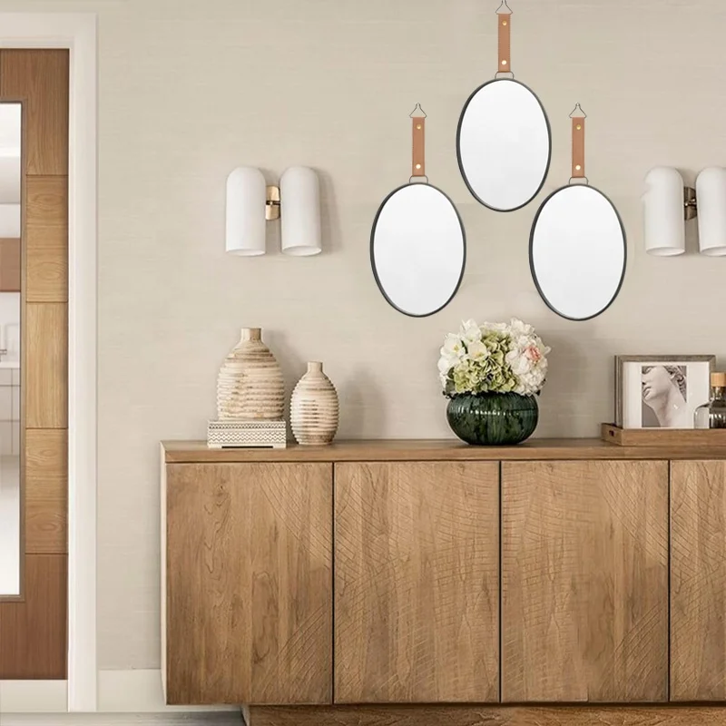 Customized product Modern Farmhouse 3 PC Oval Small Wall Mirrors Sticker Decor Set Decorative Hanging Wall mirror Home Decor