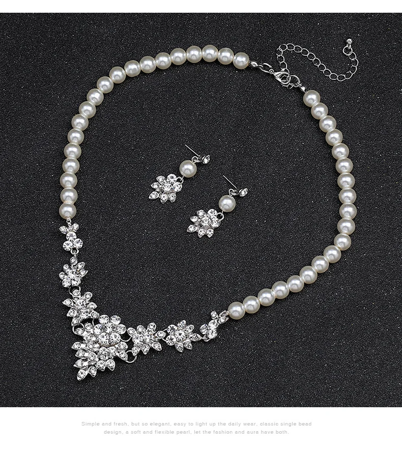 Z074 Hot Sell Fashion Flower Pearls Jewelry Set Women Elegant Rhinestones Necklace Earrings Set
