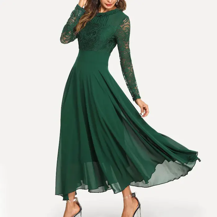 2020 Fashion Custom Lady Chiffon Ruffle Maxi Lace Dress OEM/ODM Vestidos Women Elegant Summer Casual Dresses