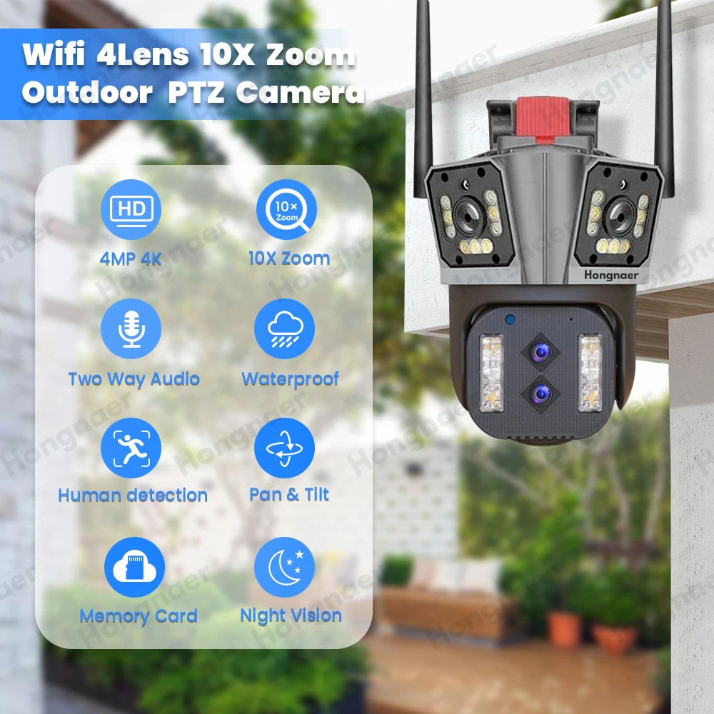 Hongnaer 8K Outdoor 10X Optical Zoom Surveillance Cctv WIFI Security Camera Audio Ptz Four lenses three screens network camera