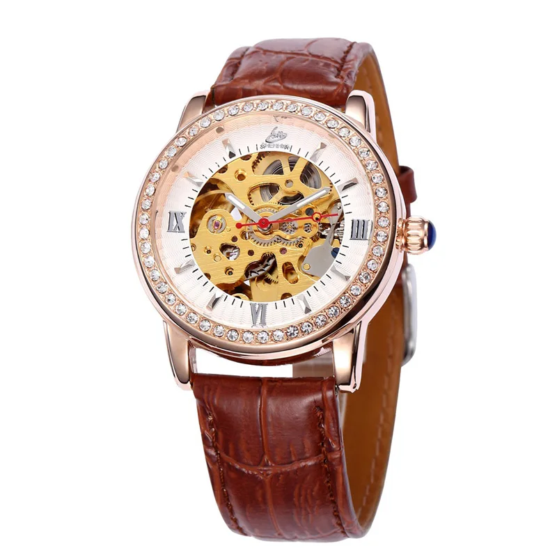 Multi-color Luxury Shenhua crystal leather strap ladies watches automatic mechanical wrist watch stainless steel