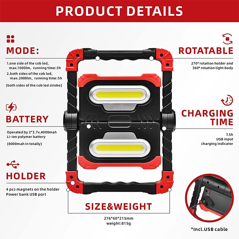 360 Degrees Rotation Folding Portable 20W LED Rechargeable 2 COB Work Light With Magnetic Base