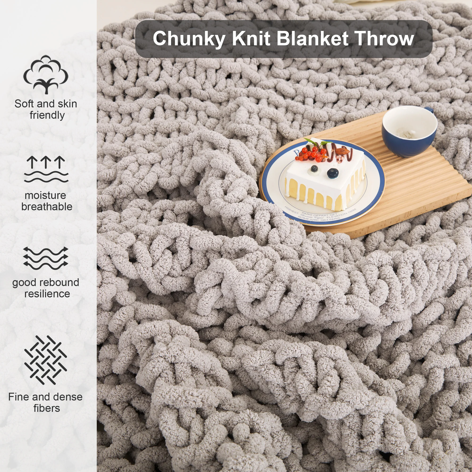 Solid Pattern 100% Polyester Chenille Chunky Yarn Throw Blanket Handmade Cable Knit Lightweight Portable for Bed Use for Winter