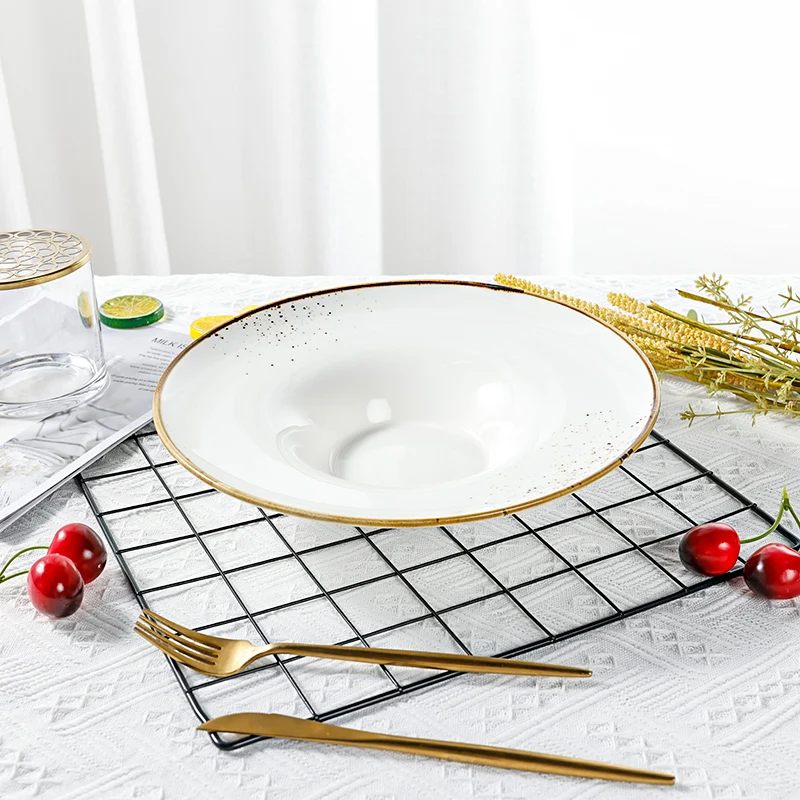 White Gold Rim Ceramic Plate Hotel Plates Sets Dinnerware Ceramic Durable Porcelain Hand Painted