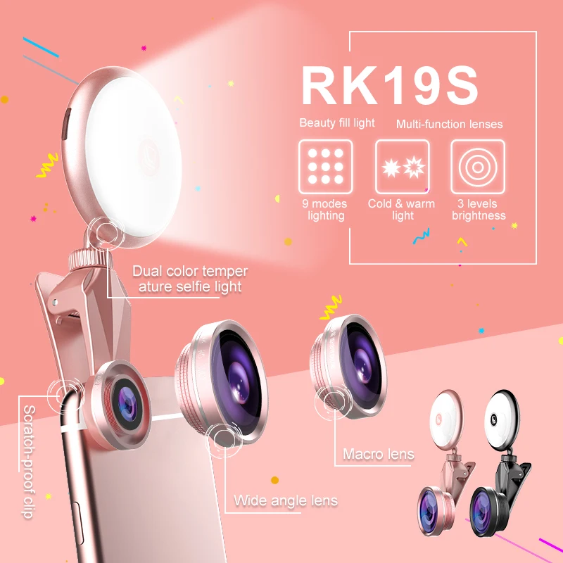  wholesale cell phone camera lens with led selfie light 3 in 1 mobile