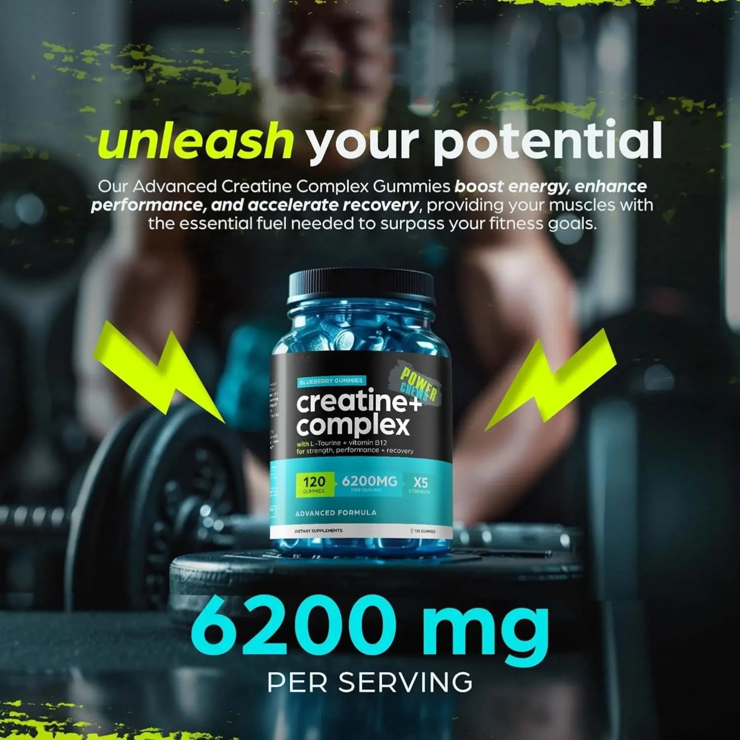 Creatine Monohydrate Gummies 6 Gram creatine for Men Women 120 Count ugar-Free Pre Workout Chews For Building Muscle