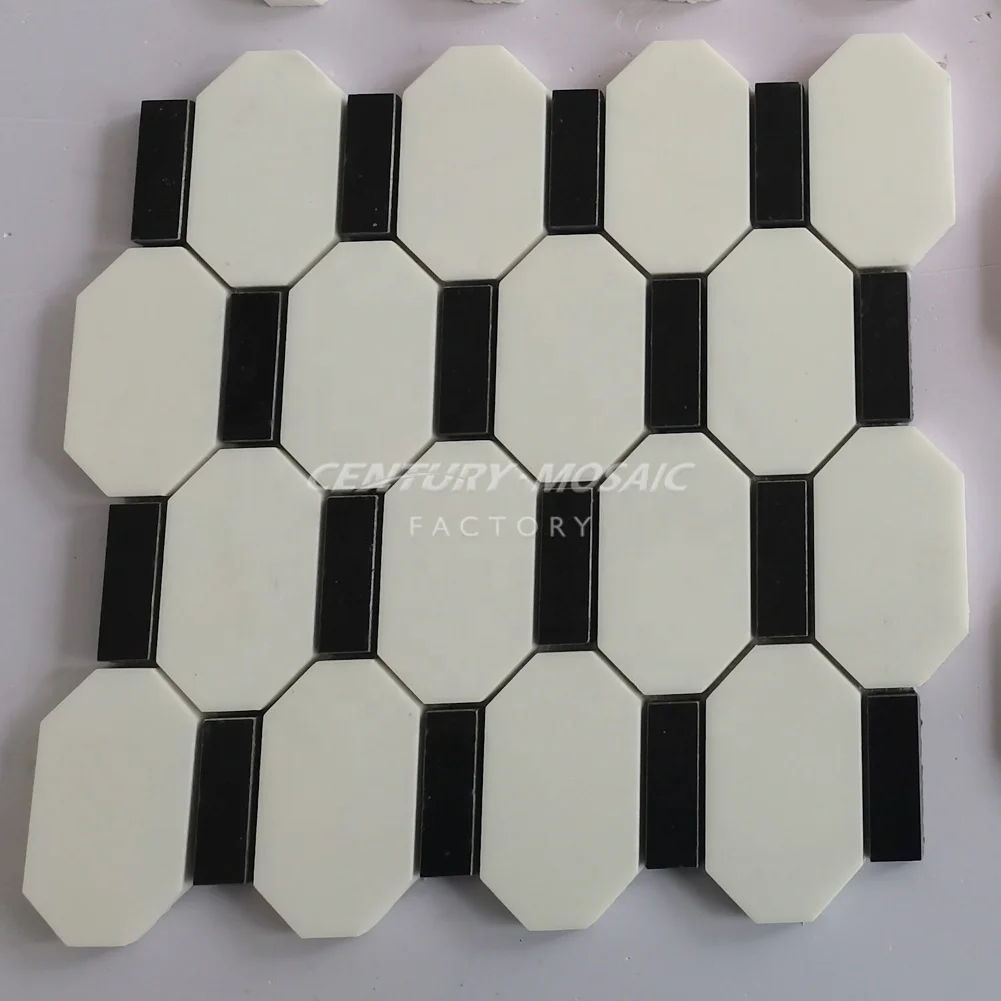 Century Mosaic Natural Stone Marble White Black Octagon Strip Mosaic Tile Flooring Wall