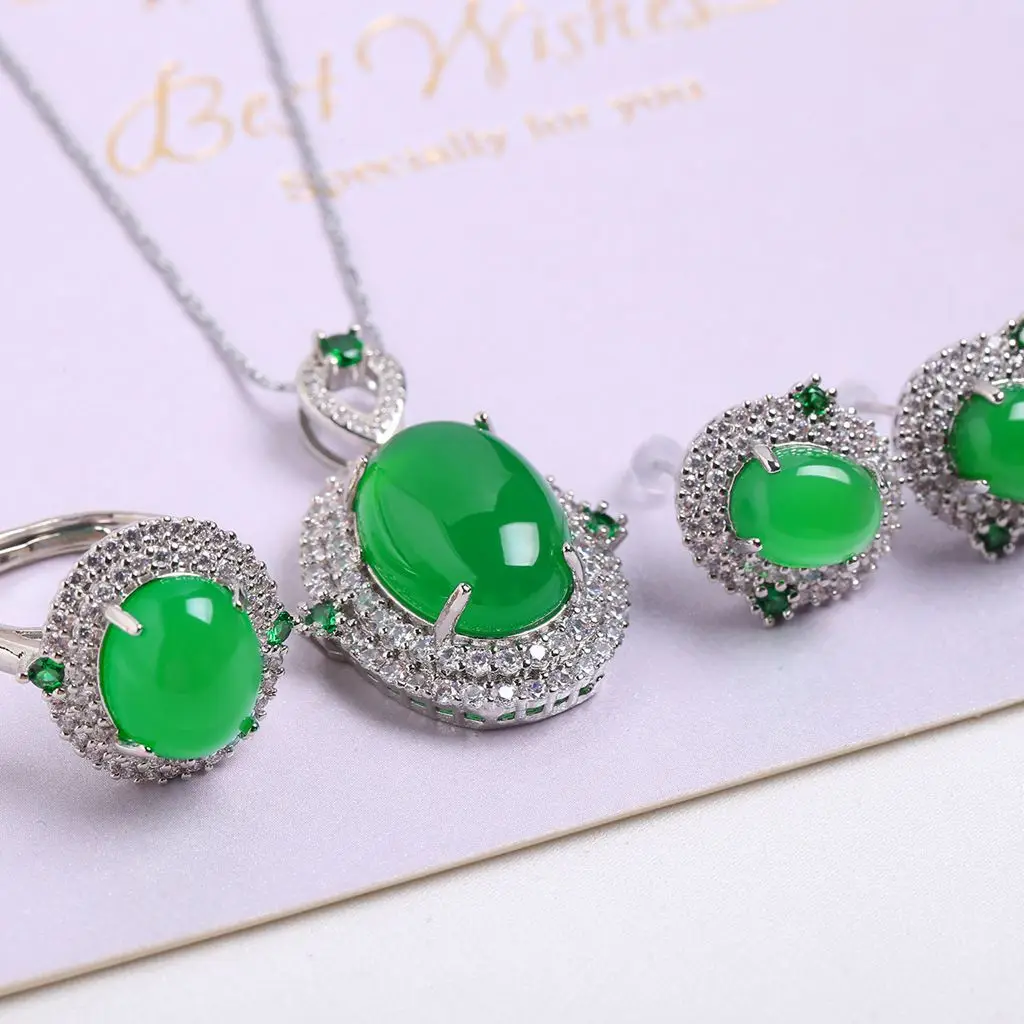 High End Female Emerald Jade Pendant Emerald Jade Earrings Ring Pendant Three Pieces Of Wedding Jewelry Set