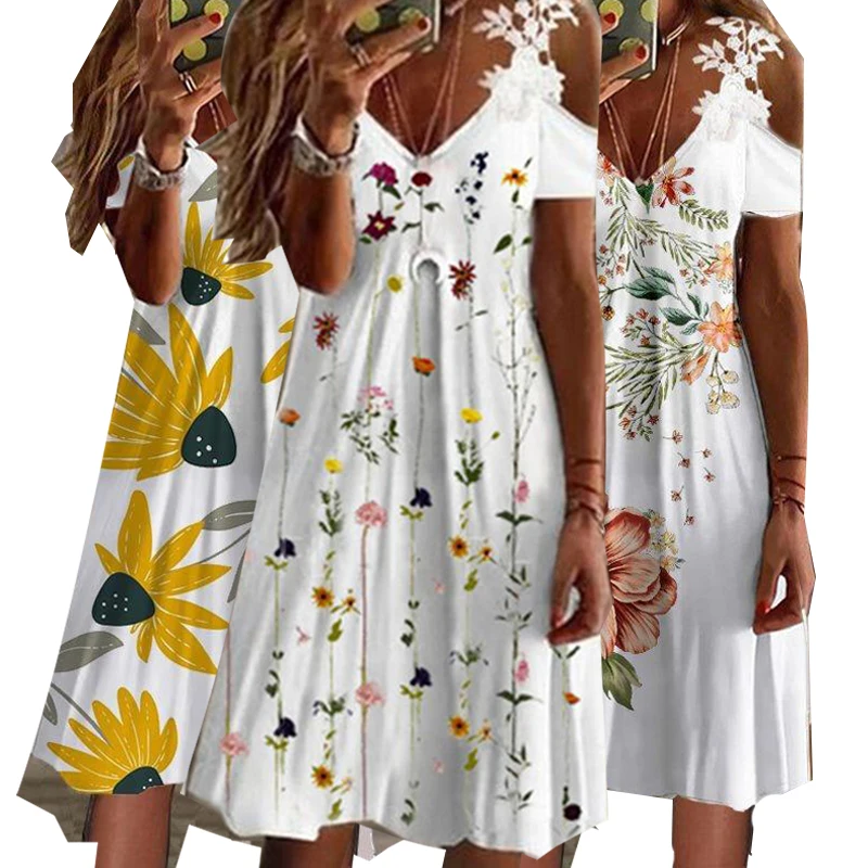 MOTE-ZC461 Wholesale Summer Short Sleeve Knee Length Lace Womens Casual Off The Shoulder Dresses v Neck Flower Print Dress