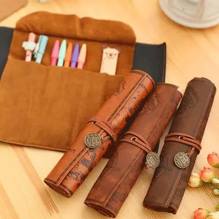 Creative treasure map Vintage Canvas Leather Large Capacity roll pencil bag lovely simple stationery box