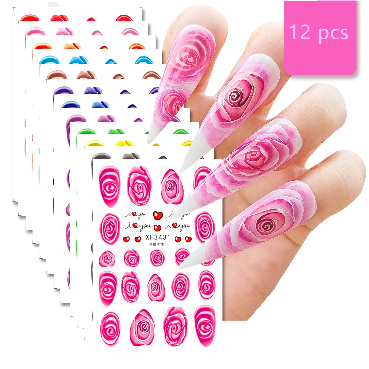 12 Types Hand Painted Rose Series Nail Stickers Designs Gummed Flower Nail Art Stickers Decals Art Decorations With Back Glue
