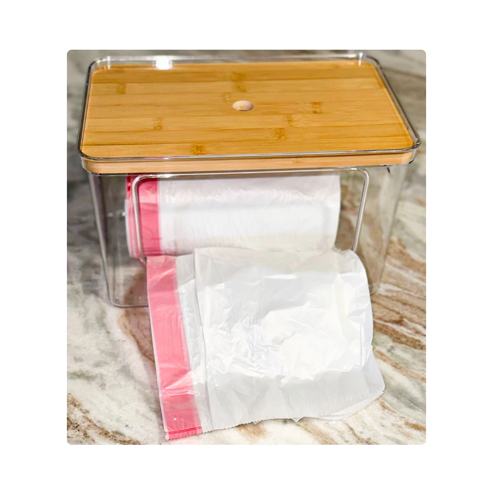 Stackable Clear Plastic Laundry Room Organizer Storage with Bamboo Top,Large Trash Bag Holder Garbage Bag Storage Dispenser