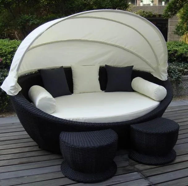 Outdoor furniture swimming pool beach aluminum rattan round leisure sunbed with awning