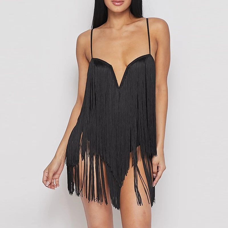Adjustable Straps Wired V-neck Neon Fringe V-Neck Mini Dress Women Trendy Bodysuits