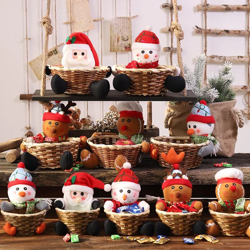 New Christmas Candy Storage Basket Decoration Santa Claus Storage Basket Woven Bamboo Christmas Gift Basket
