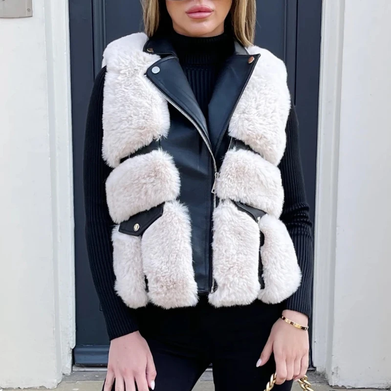 New Moto Biker Notched Women Vests Women Elegant Faux Fur Patchwork PU Leather Coats Women Zipper Slim Vests