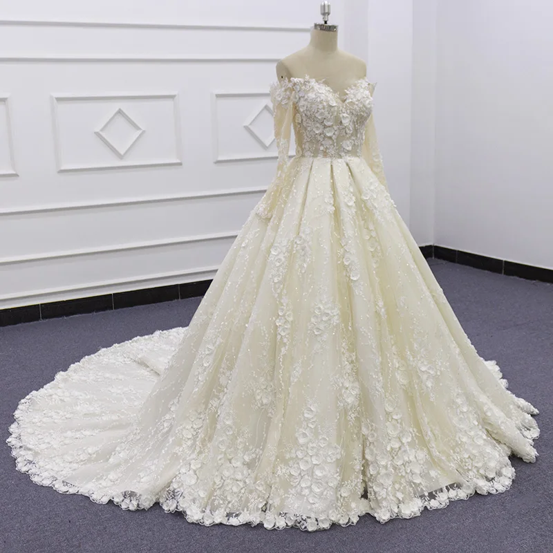 Eslieb SJ105-2 real photo wholesale price champagne sweetheart long sleeve 3D flower lace wedding dress ball gown
