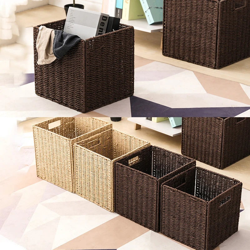 Foldable paper rope rattan storage box bedroom living room sundries storage basket finishing household folding storage box