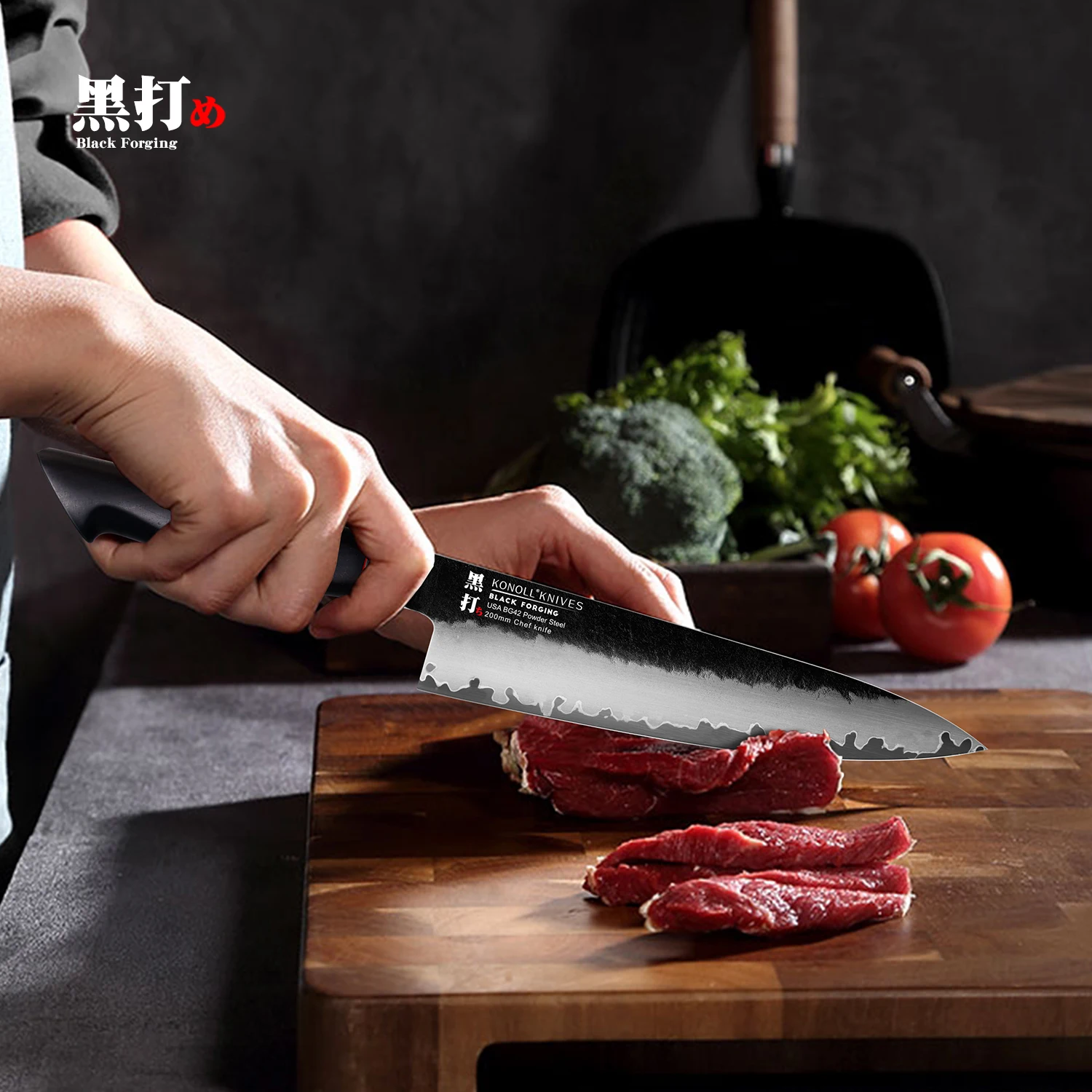 BLACK FORGING 200 mm Chef Knife  Handcrafted  Forged Kitchen  Knife  3 layers USA BG-42 Powder Steel Ebony Wood handle