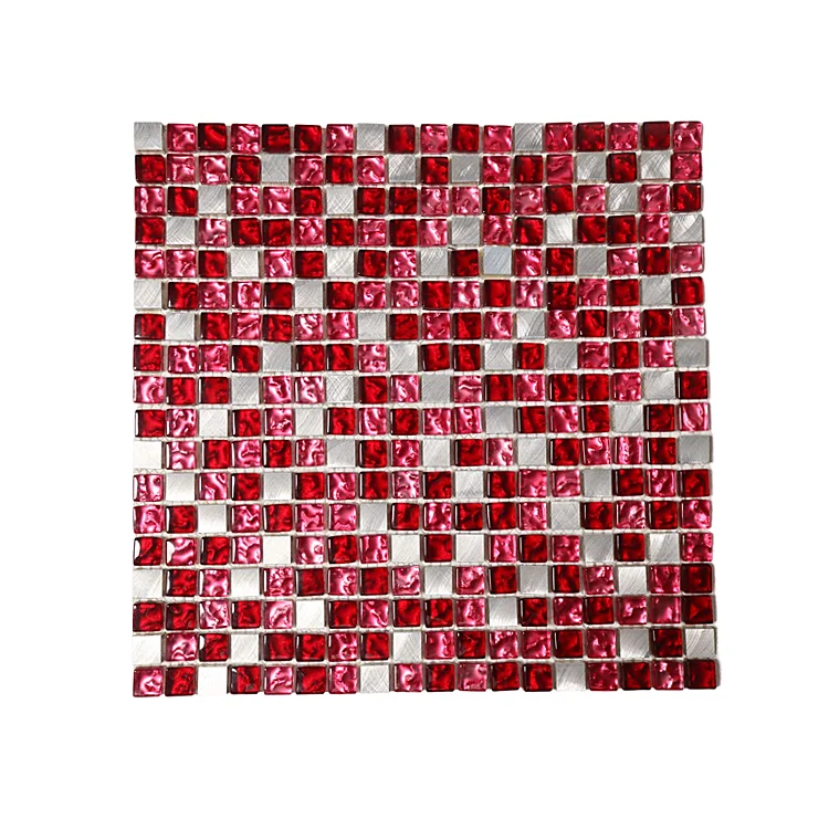 Factory Discount Price Silver Aluminum Metal Red Mixed Glass Mosaic Tile Tiles For Walls