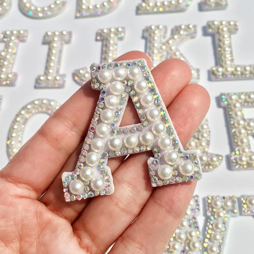 wholesale alphabet heart iron on embroidery custom logo bead pearl rhinestone glitter letter C hoodie towel chenille patches