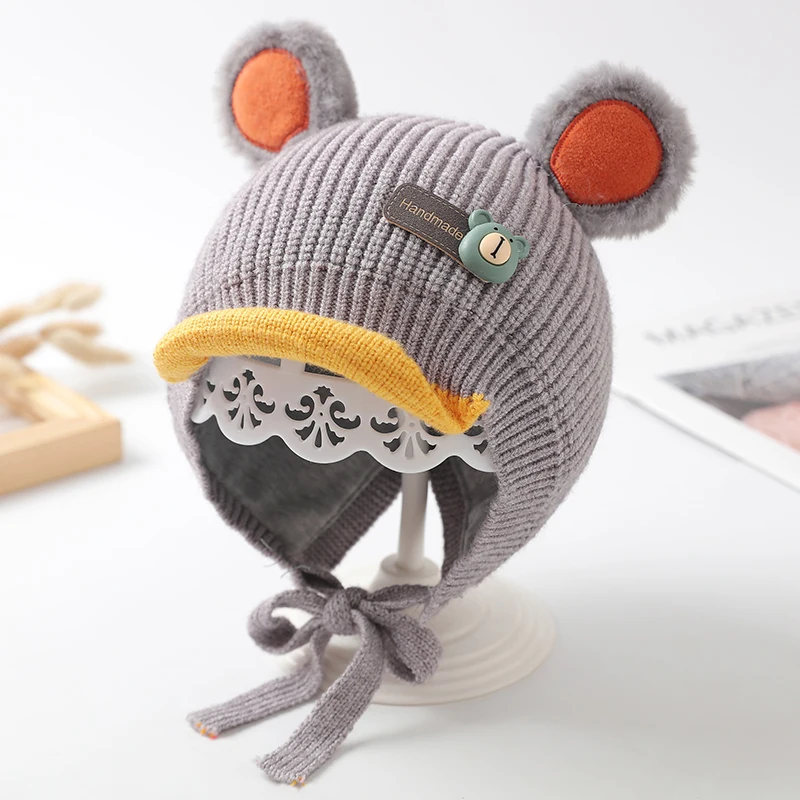 Осенне-зимняя теплая шапка с защитой ушей для новорожденных, вязаная шапка с милым медведем