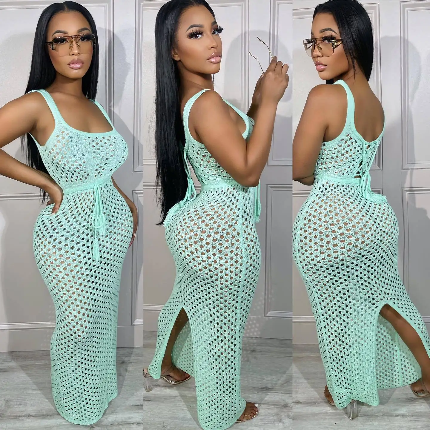 GX3336 Boutique summer sexy bodycon casual long slit dress sleeveless sexy see through hollow beach dresses