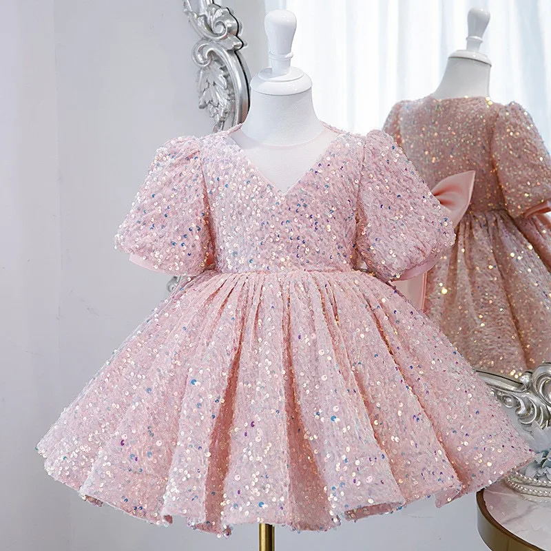 Kids Celebration Party Clothing 2-12 Years Pink Bows Sequined V-neck Children Christmas Prom Gown Flower Girls Wedding Dresses