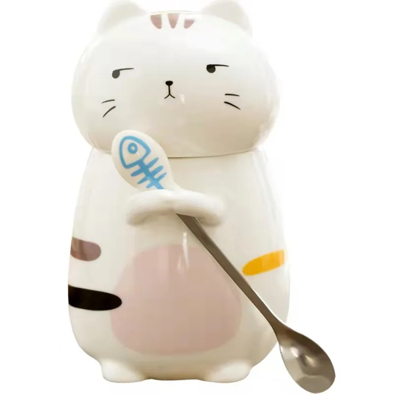 cartoon cute 3D cat shape ceramic mug with lid spoon for coffee/tea/milk/juice/gift  creative cup