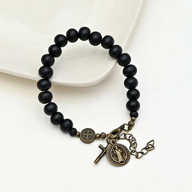 Wholesale black beaded wooden bracelets Vintage cross bracelet for men Buddhist beads rosary bracelet