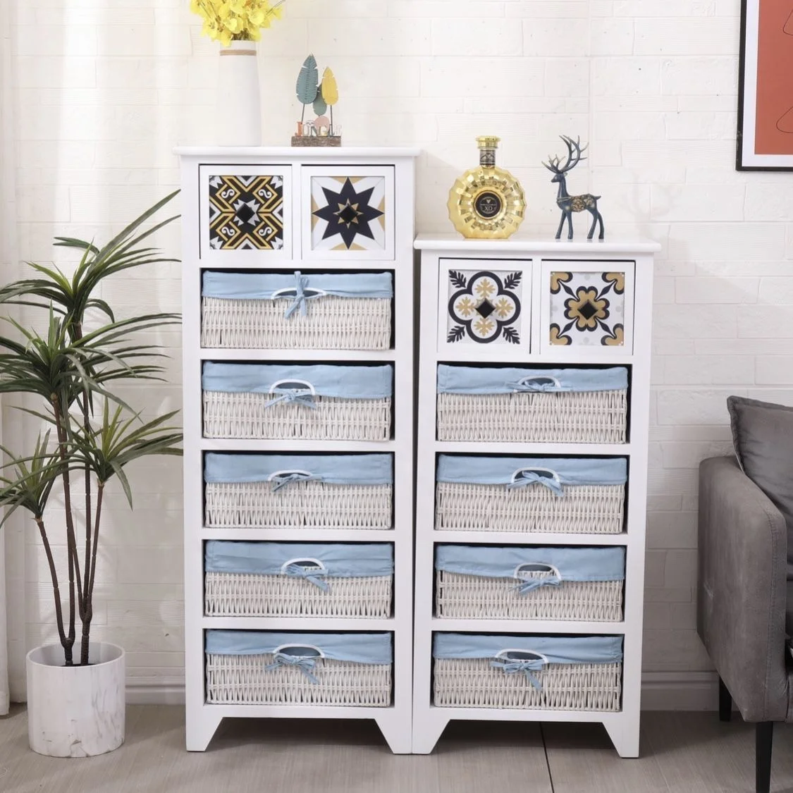 Antique Vintage Wood Cabinet wood frame rattan basket drawer composite home pine wood furniture