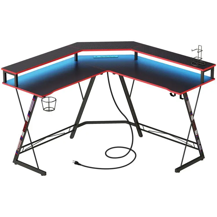 L Shaped Gaming Desk with LED Lights and Charging Station, Computer Corner Desk with Cup Holder Headset Hooks, Home Office Desk