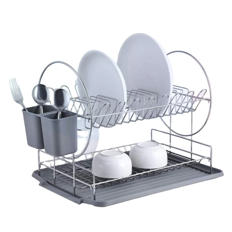 Stainless Steel Dish Drainer Plate Rack 2 Tier Dish Drying Rack with Removable Cutlery Cutting Board Holder for Non-folding Rack