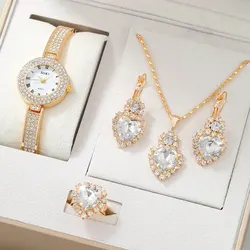 NW1406  5pcs Ladies Watch Jewelry Set Fashion Round Women Watch Rhinestone Necklace Earrings Ring Set