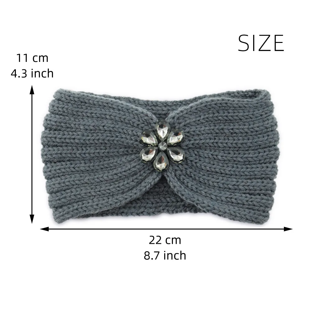 Go Party Winter Wide Brim Elastic Wool Knitted Headbands Knot Diamond Crystal Flower Twist Crochet Hair Band For Women Turban