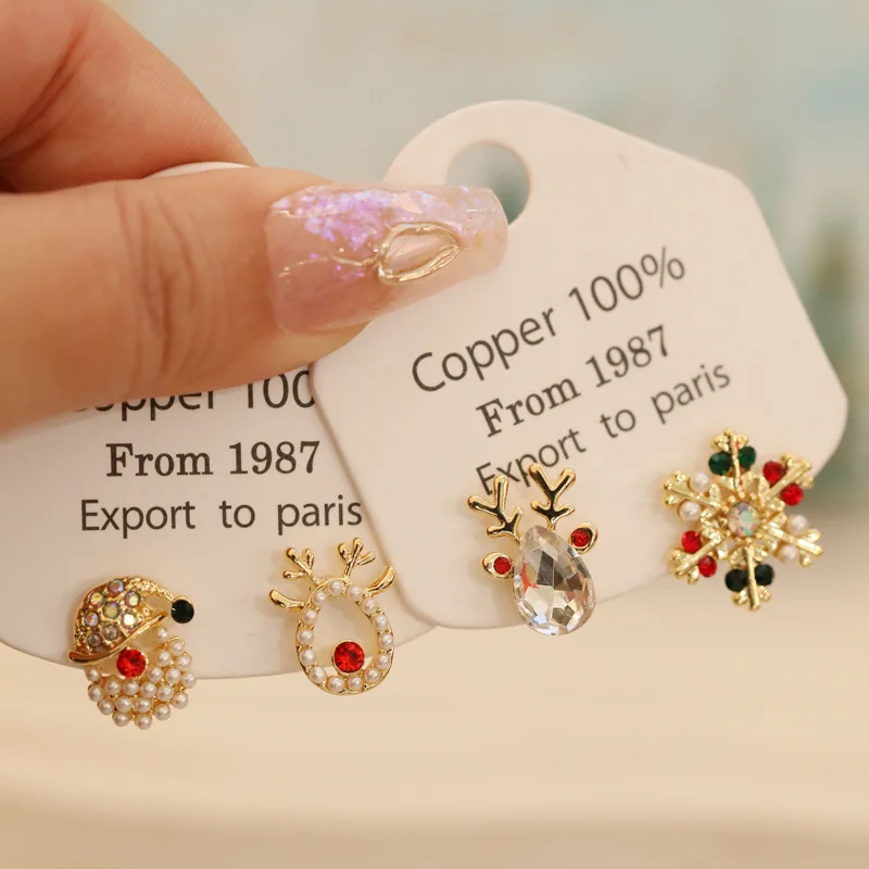 Luxury Christmas Jewelry Antlers Santa Christmas Hat Zircon Earrings Colorful Snowflake Gold Plated Stud Earrings