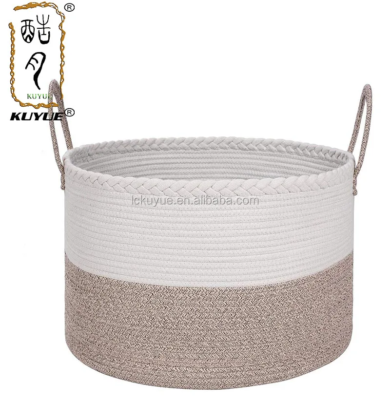KUYUE Large Cotton Rope Storage Baskets Woven Laundry Hamper Cotton Basket with Unique Braid