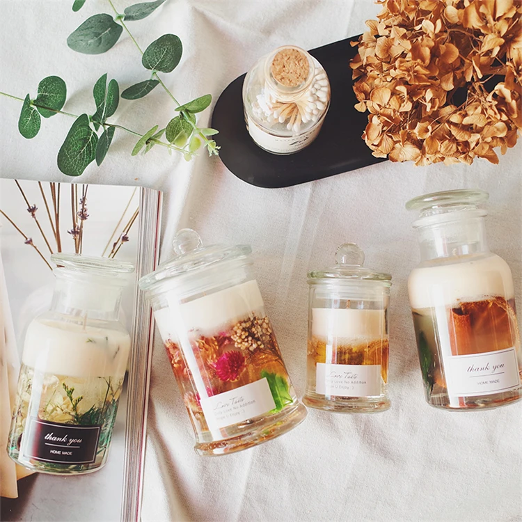 Luxury custom private label sealed glass jars inside with dried flowers  jelly wax scented candles
