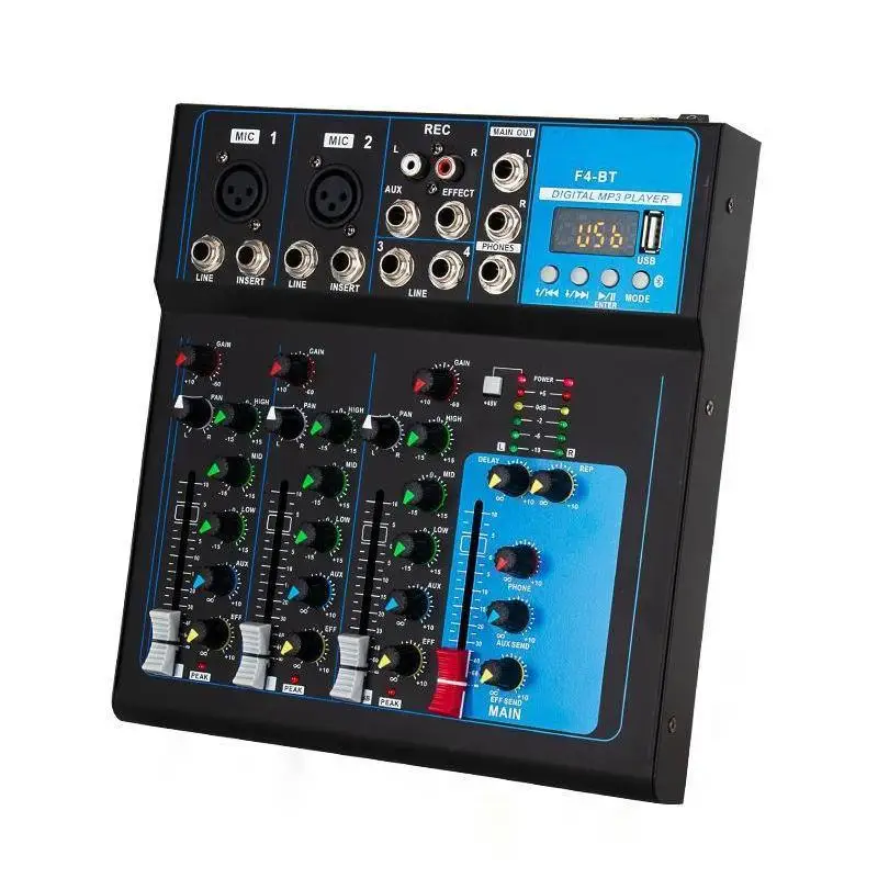 F4 4 Channel Bluetooth Mixing Console Desktop Soundboard Stereo, USB, Computer Recording, DJ Controller/Audio Console Mixer