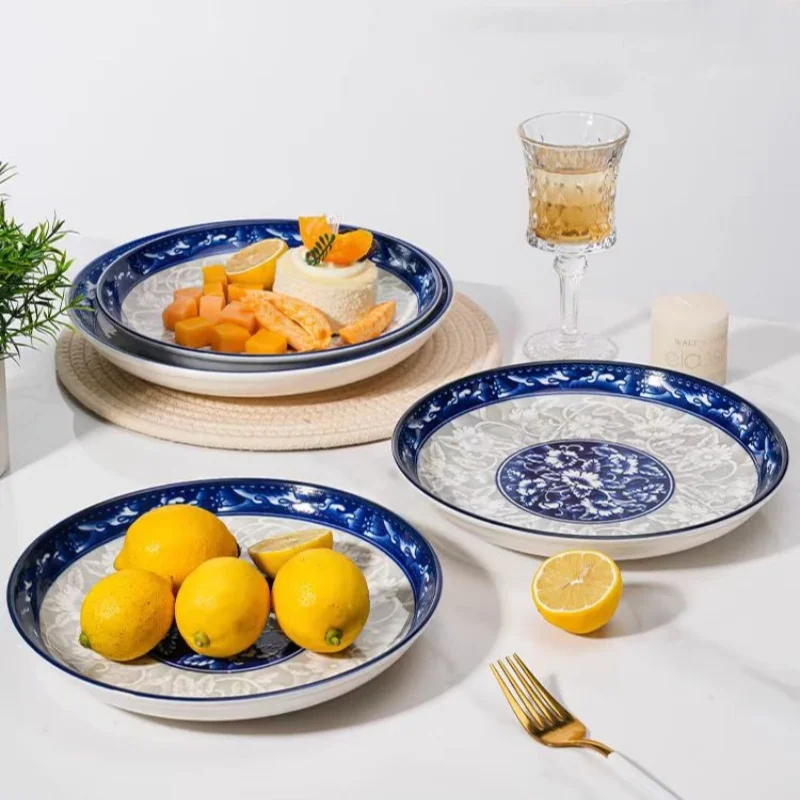 National Style Blue And White Series 9-inch Creative Home Ceramic Dining Plate, Fruit And Vegetable Plate, Blue And White Plate